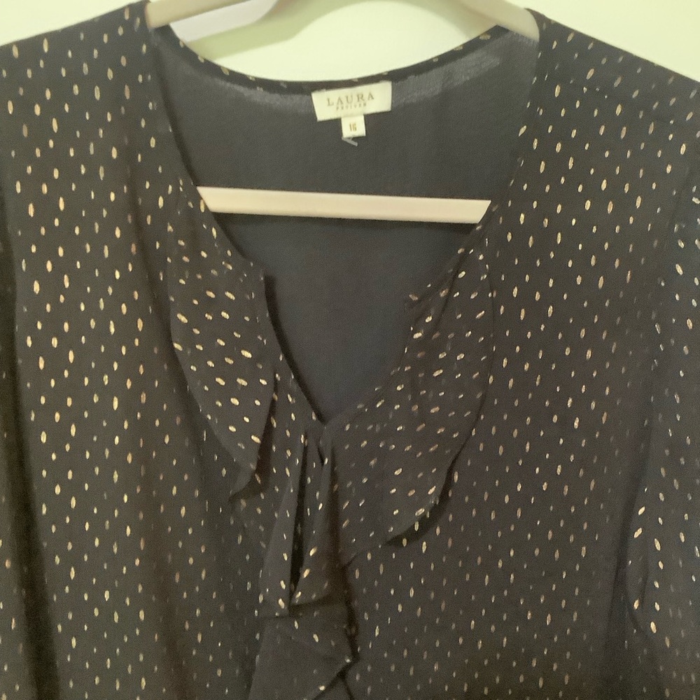 LAURA:  Black & Gold Sheer Blouse with Ruffle Detail (NWOT) - Picture 2 of 5